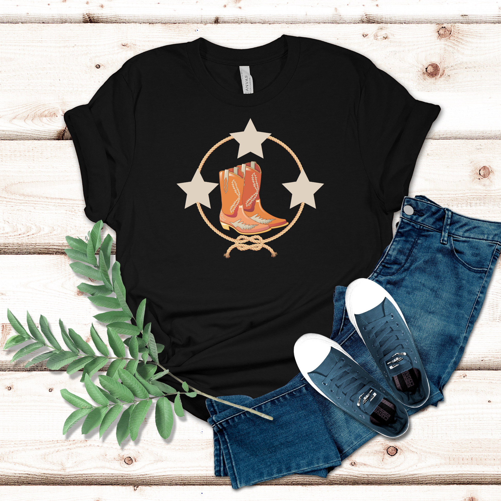 Cowboy boots and stars  Black t-shirt