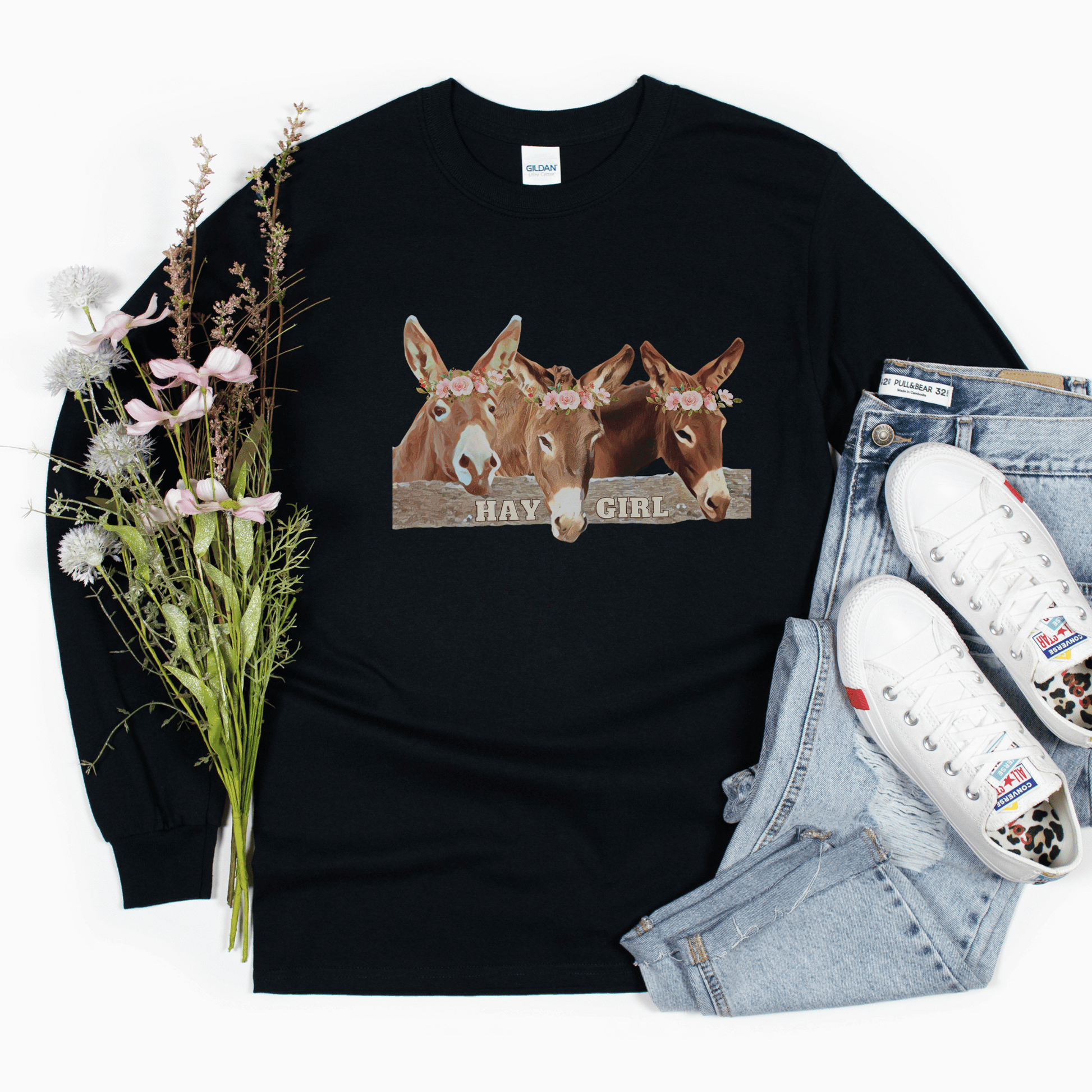 Black Long sleeve Hay Girl  and 3 Donkeys tee