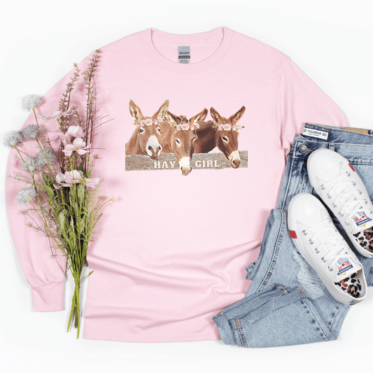 Light Pink Long sleeve Hay Girl  and 3 Donkeys tee