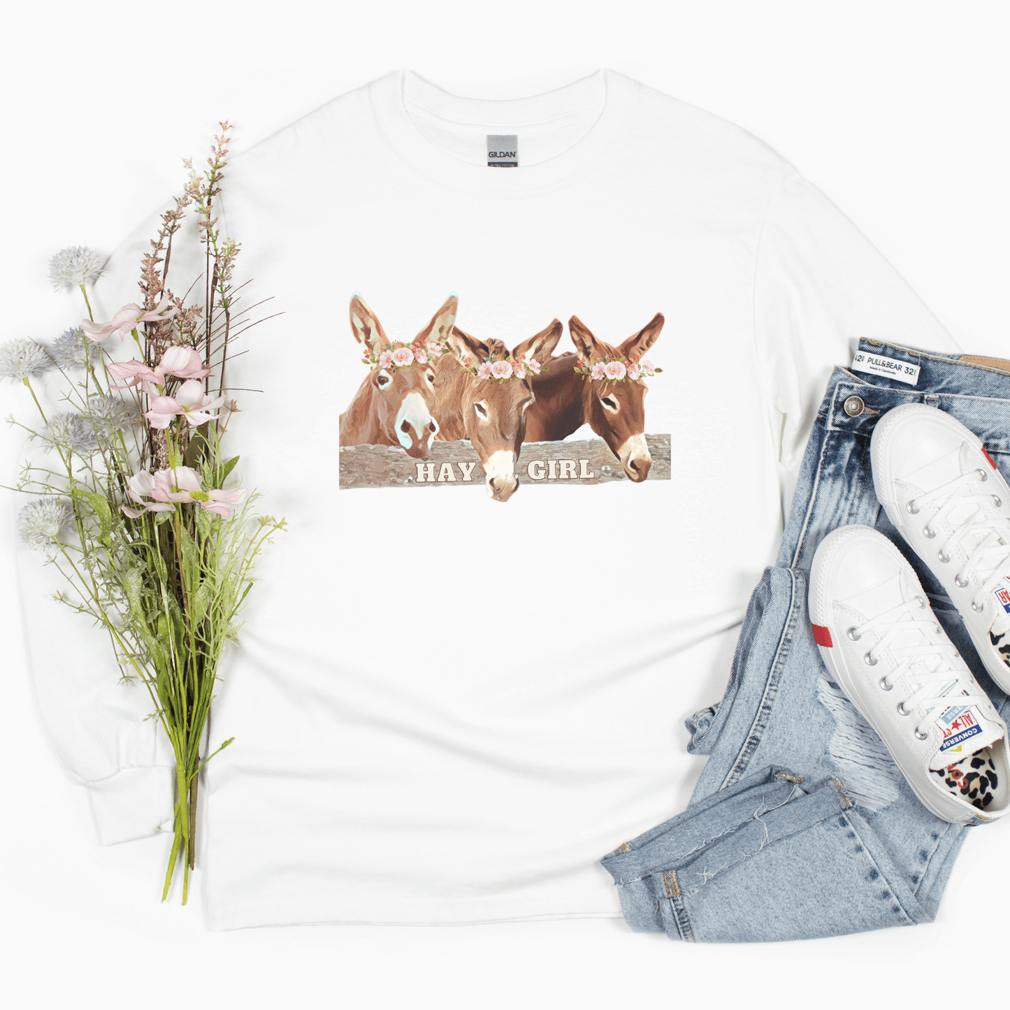 White Long sleeve Hay Girl  and 3 Donkeys tee